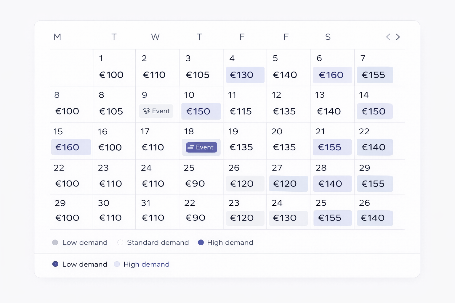 Dynamic pricing calendar with demand color coding and event badges